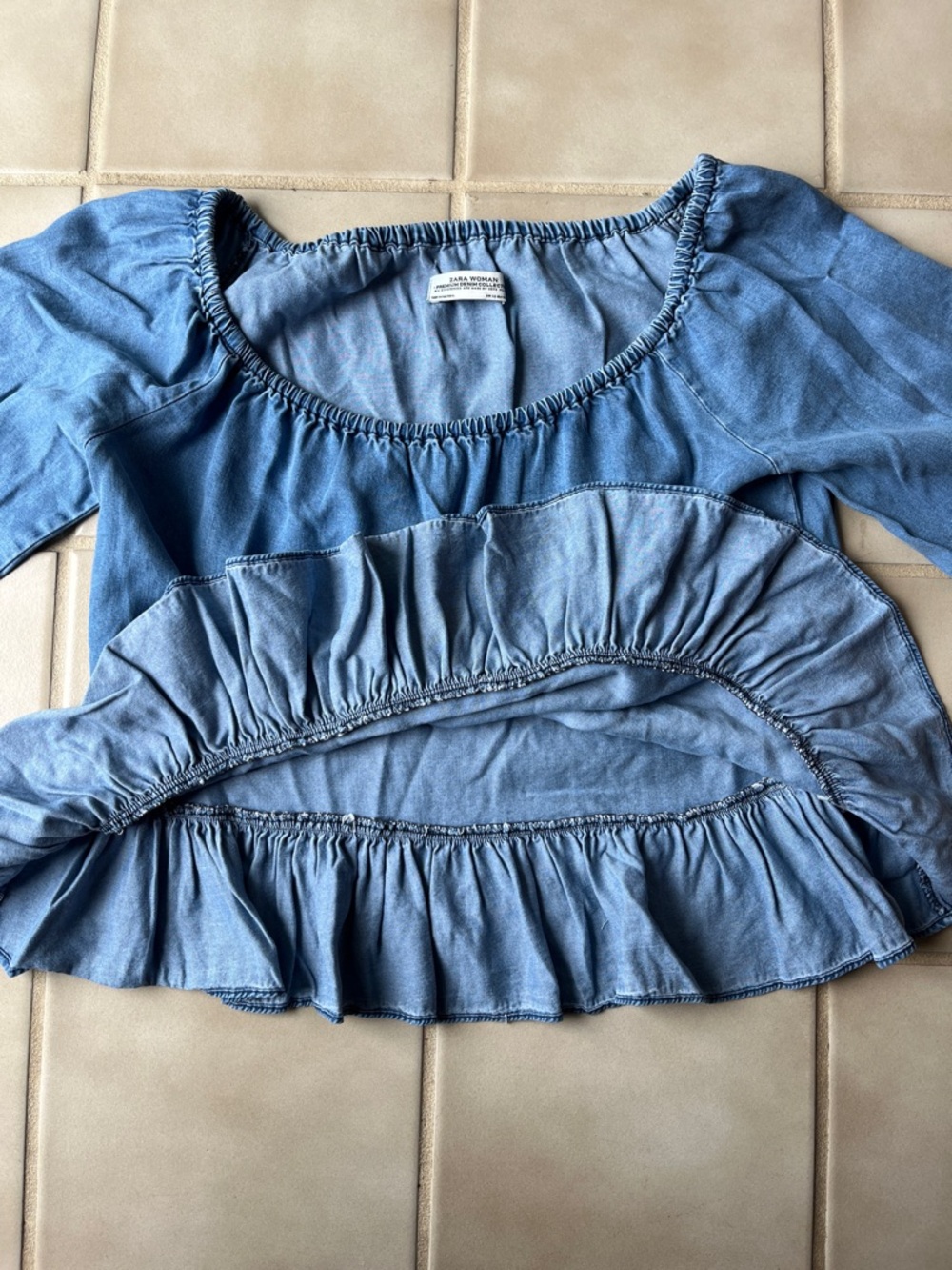 ZARA Premium Denim Collection Lightweight Blue Ruffle Hem Top 100% Lyocell - Picture 5 of 8
